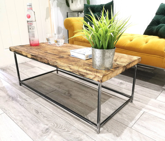 Industrial Rustic Coffee Table - Reclaimed Scaffold Board Modern Metal Raw Steel