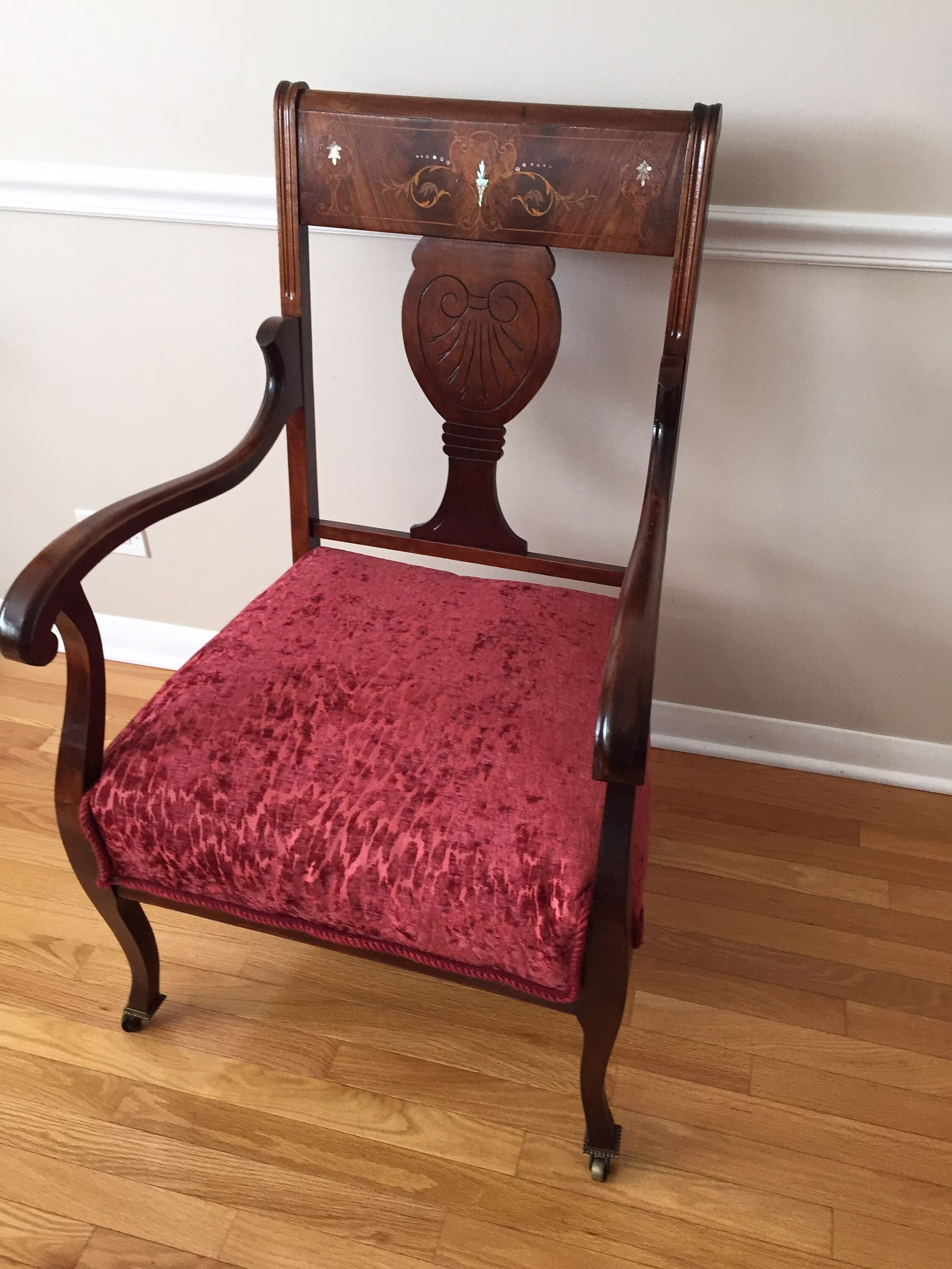 Antique Burl Maple Open Arm Chair With Mother Of Pearl Inlaid Design