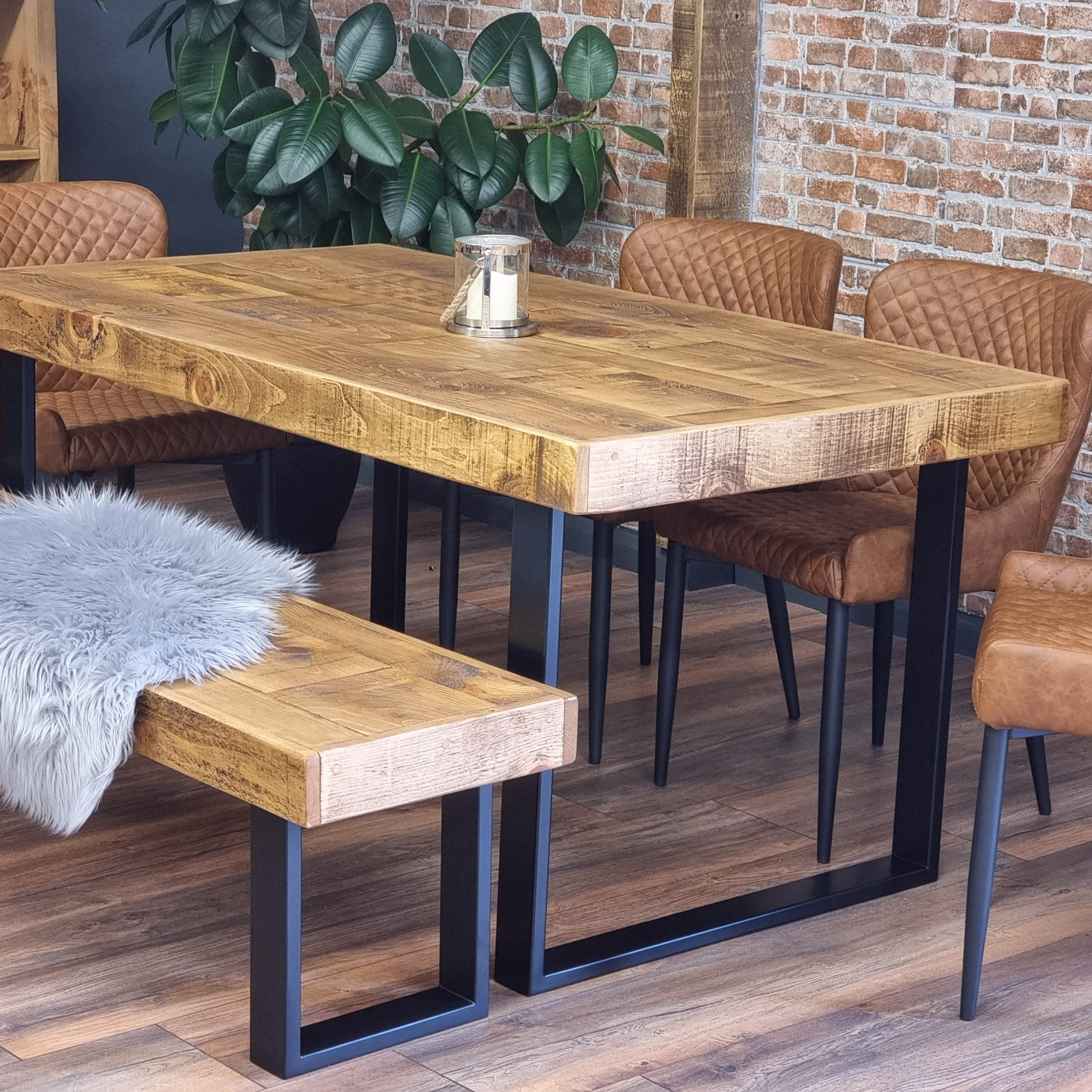 Dining Table Industrial Boston Dine Square-Frame Legs Rustic Wood - Handmade Kitchen