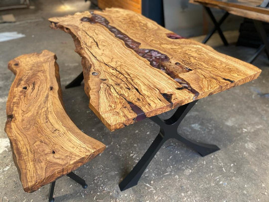 Epoxy Table/Wooden Olive Natural Study /Dining Table/ Solid Wood & Bench - High Quality/River