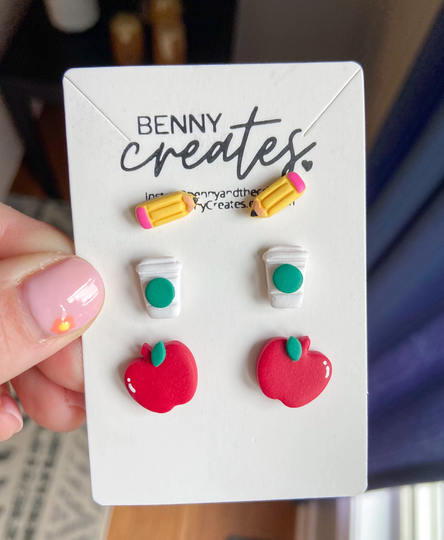 Teacher Stud Earring Set . Clay Apple Earrings Pencil Coffee Cup Back To School Gift