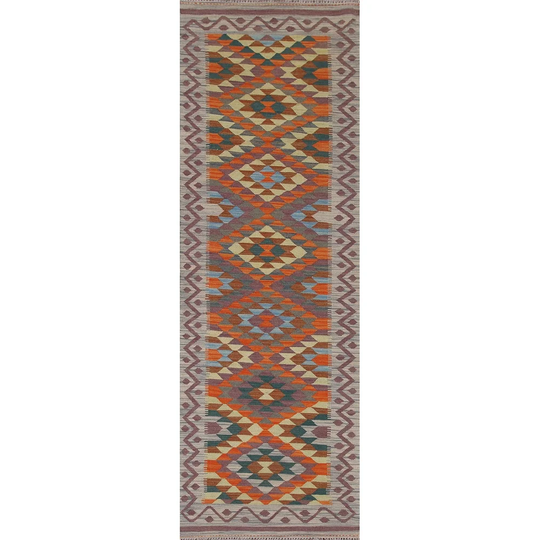 Geometric Kilim Multi-Color Runner Rug Flatweave Hallway Wool Carpet - 2'11" x 9'8"
