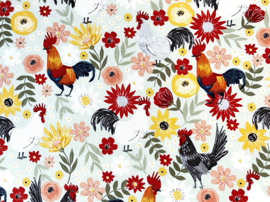 Roosters & Blooming Flowers Multicoloured Floral Quilting Cotton Fabric By 1/4 Or 1/2 Yard, Fat Quarter Fabric, Farm Animal Chicken