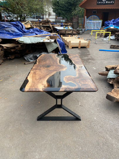 Epoxy Resin River Table, Dining Custom 72" X 40" Walnut Shiny Black Handmade Table Order For Lee D