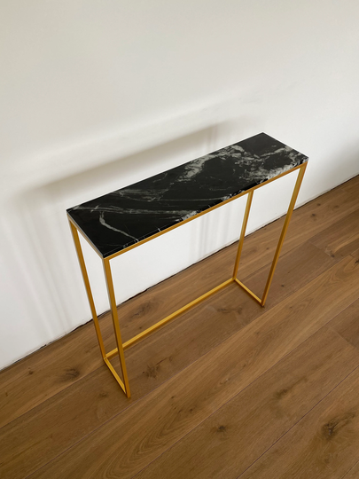 Narrow Contemporary Marble Console Table, Hallway Table Or Radiator Cover, Brass Living Room Golden
