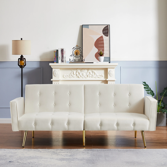 Velvet Loveseat Button Tufted Folding Futon Sofa Bed with Armrest & Gold Metal Leg