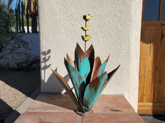 Metal Agave Cactus With Yellow Sunburst Flowers/ Small 17 Inch/Southwest Desert/Metal Art Sculpture/Yard Art/Handmade Gift