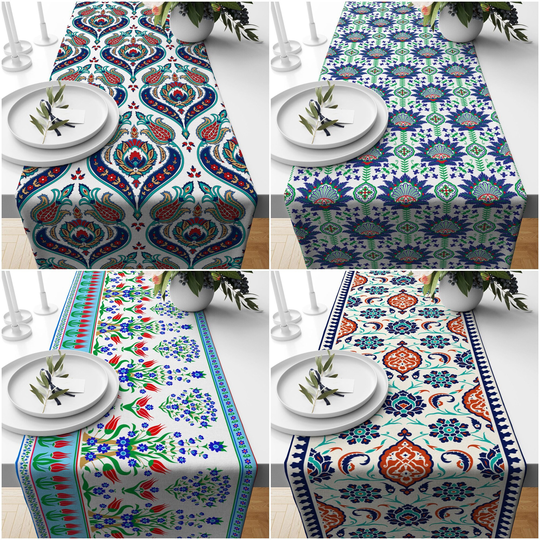 Tulip Table Runner|Geometric Floral Top|Tulip Tile Pattern Ethnic Home Decor|Farmhouse Style Authentic Tablecloth|Summer Trend Runner