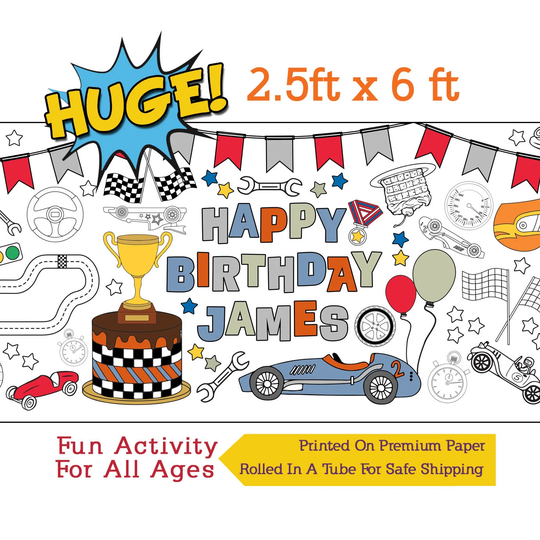 Personalized Race Car Coloring Banner, Racing Birthday Paper Tablecloth, Party Activity - 30" X 72" Inches