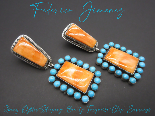 Federico Jimenez-Ultra Colorful-Premium Spiny Oyster Shell/Sleeping Beauty Turquoise Cluster Halo-925 Clip Earrings