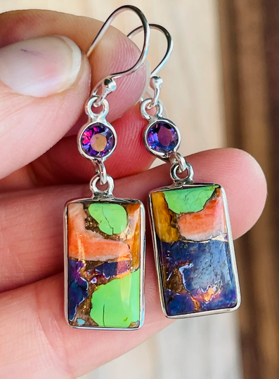 Multi Color, Copper, Turquoise, Amethyst, Drop, Earrings, in Sterling Silver
