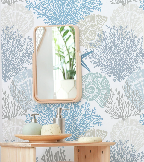 Coral Seashells Starfish Custom Color Wallpaper - Corals & Peel Stick Removable Beach Theme 336