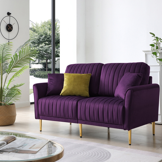 Purple Velvet Upholstered Round Arm Loveseat 2 Seat Sofa with 2 Throw Pillows, Handcrafted Tufting Stable metal sofa legs