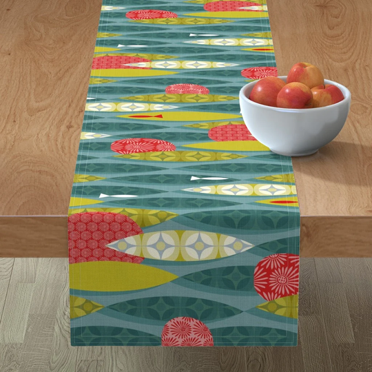 Retro Nautical Table Runner - Red Coral Reef By Spellstone Geometric Ocean Coastal Fish Cotton Sateen Spoonflower