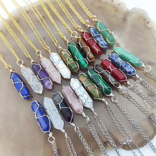 Crystal Pointed, Hexagon Healing Point Wire Wrapped Necklace, Amethsy Lapis Howlite Pencil Necklace Jewelry Y471