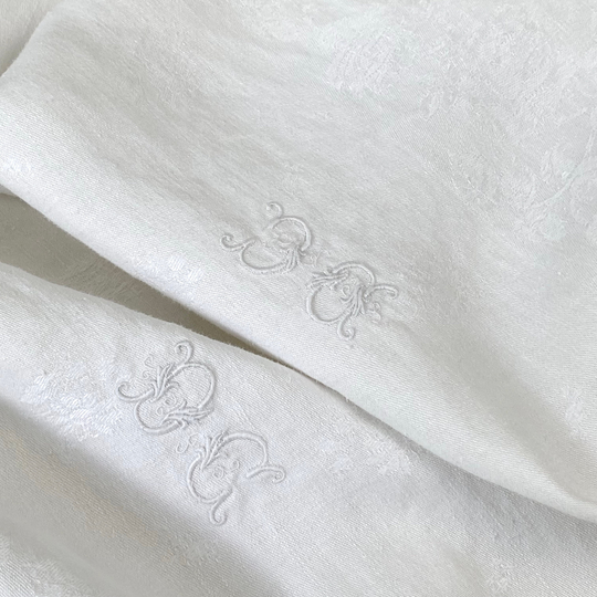 French Damask Tablecloth Vintage Table Cloth 2 Monograms Dc Monogram Rose Print Pattern 1900 Farm Rustic Linens Textile Trunk