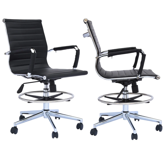 Set of 2 Modern Ergonomic Mid Back Ribbed Drafting Office Chair with Chrome Armrest