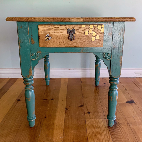 Farmhouse, End Table, With Honeycomb & Bee Accents, French Country, Side Table, Hand Painted Furniture, Shabby Chic, Small, Accent Table
