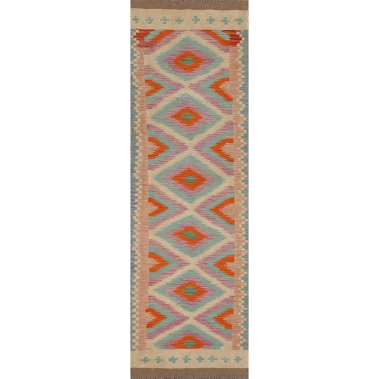 Colorful Kilim Runner Rug Hand-woven Oriental Wool Carpet - 2'8"x 10'1"
