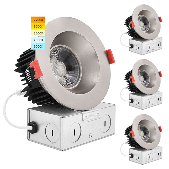 Luxrite 4 Inch LED Recessed Light, 15W, 5 Color Selectable, 1100 Lumens, Dimmable, Wet Rated, Brushed Nickel (4 Pack)