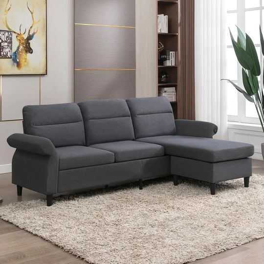 Convertible Sectional Sofa Couch with Ottoman, 3 Seat L-Shape Sofa Couch with 2 USB Ports and Adjustable Armrest