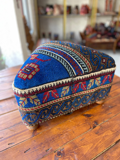 Triangle Vintage Carpet Ottoman, Vintage Rug Ottoman Stool, Foot Rest, Beech Wood Vintage Furniture, Chair