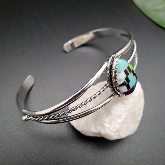 Dainty Multicolor Inlay Cuff Bracelet | Sterling Silver Teardrop Pattern Color Stone Southwest