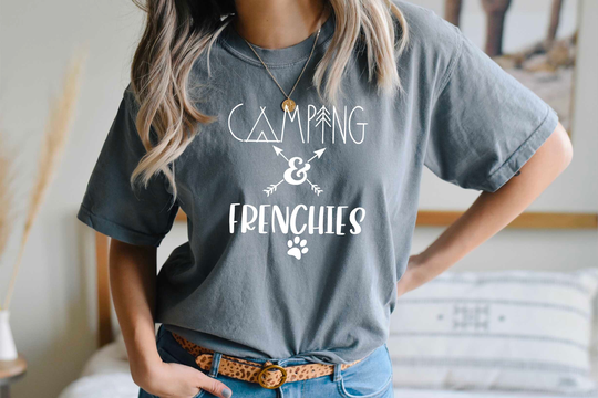Comfort Colors Camping & Frenchies Shirt, Soft Cozy Tshirt, Dogs Dog Vacation Hiking