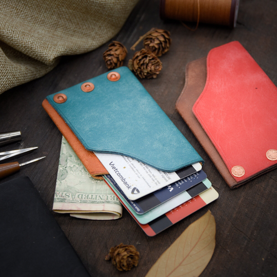 Custom Mix Colors Leather Minimalist Wallet, Free Personalization, Primary Color Is The Right | Outside Side, Secondary Inside