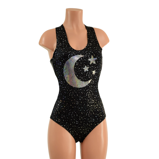 Star Noir Romper With Silver Holo Moon & Stars Applique, Black Mystique Side Panels, Racerback, Siren Cut Leg Crotch Snaps 157872