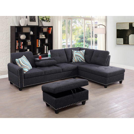 Grey Linen Right Facing Sectional Sofa Set/w Drop Down Coffee Table(9911B)