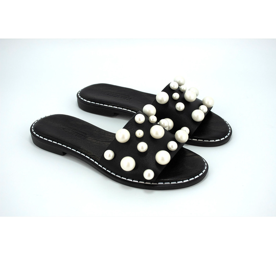 Black Leather Sandals With Pearl, Womens Slide Sandals, Greek Sandals, Designer Slides, Custom Slides, Black Shoes