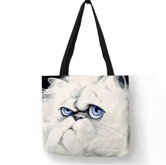 Cotton Bag, Eco Fabric Bag With Long Handles, Linen For Shopping, Cat Art Print Tote Handbag, Women Fabric Bag Student School Bags