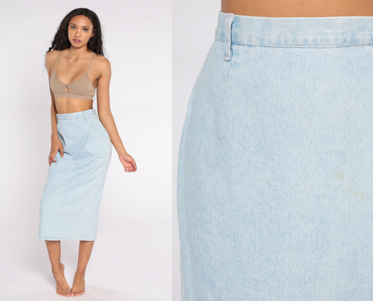 90S Jean Skirt Denim Midi Pencil Jeans 80S High Waisted Wiggle 1990S Retro Vintage Blue Extra Small Xs