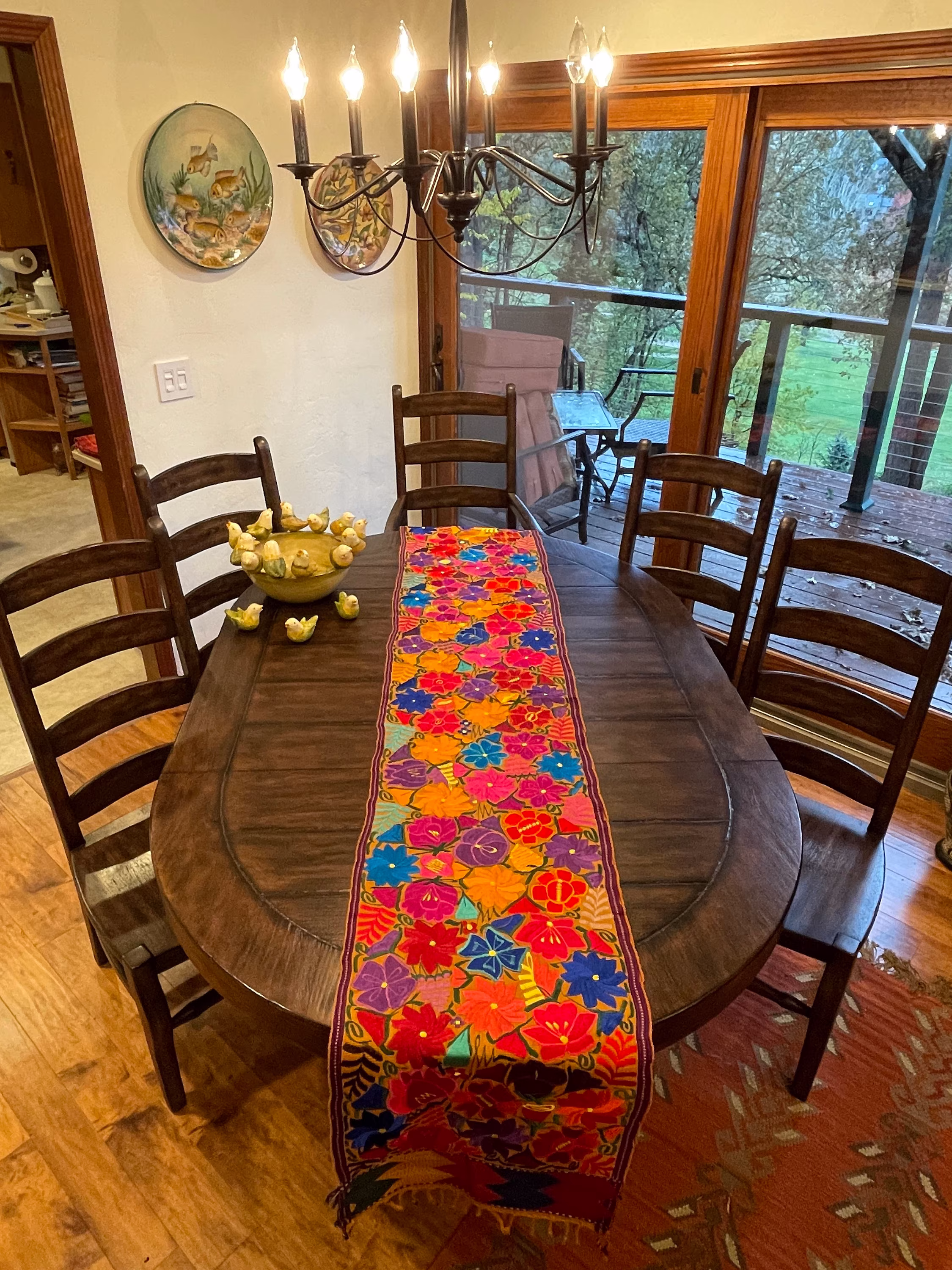 Mexican Table Runner, 7 1/2' Long, Floral Design, Chiapas Embroidered Mexico Woven Bed Runner