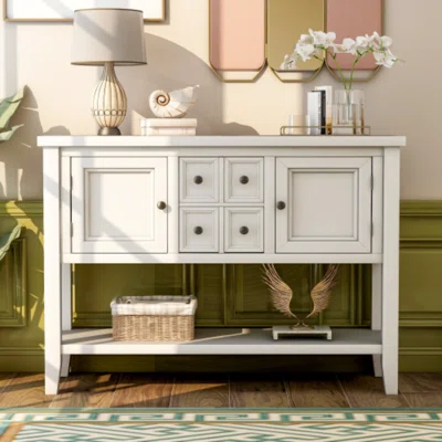 Auhert Retro Style Buffet Sideboard Wood Console Table With Bottom Shelf, Easy Assemble For Living Room, Kitchen, Entryway (White)
