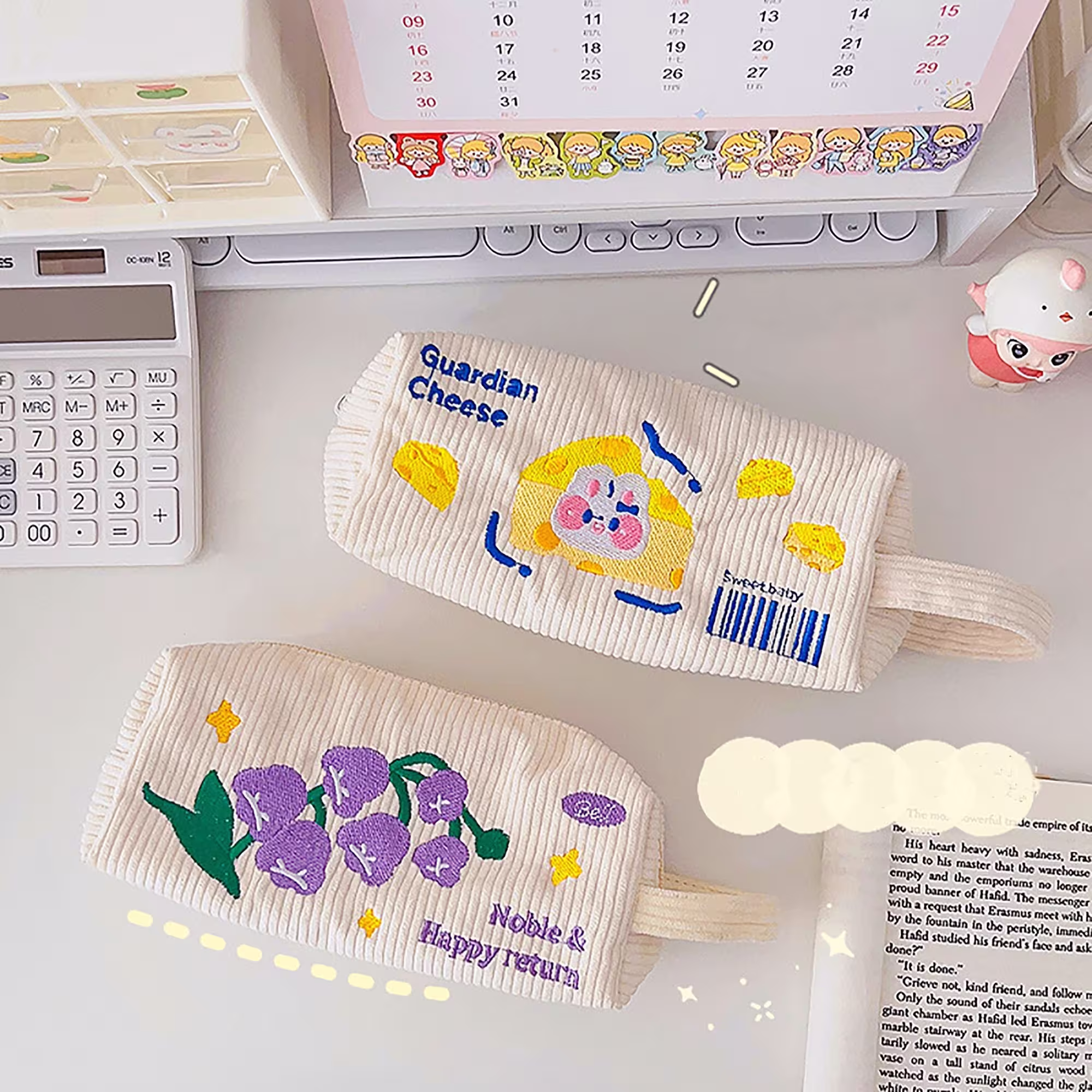 Corduroy Embroidery Pencil Case, Kawaii Canvas Case, Large-Capacity Case Stationery Bag, Stationery Storage Bag, School Supplies