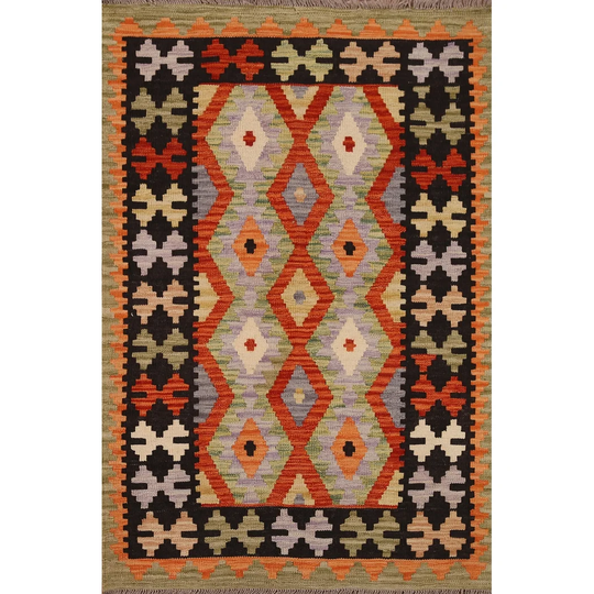 Multi-Color Geometric Kilim Area Rug Hand-woven Reversible Wool Carpet - 3'4" x 4'10"