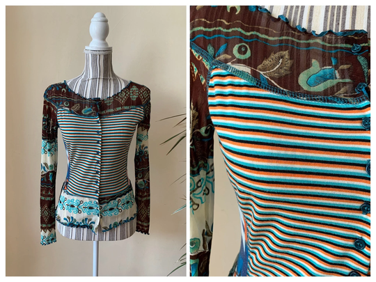 Vintage 90S Multi Color Fitted Button Down Cardigan For Women, Artsy Abstract Print Lace Mesh Blouse, Psychedelic Boat Neck Top Size S