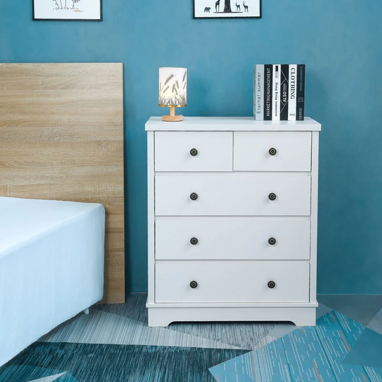 White 5 -Drawer Cabinet Wooden for Bedroom, Vertical Drawers Cabinet with Pewter Finished Metal Knobs Handle for Home