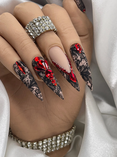 Press On Nails| Black Lace Bling Nails Extra Long Nails Stiletto Red On Press |Free Prep Kit