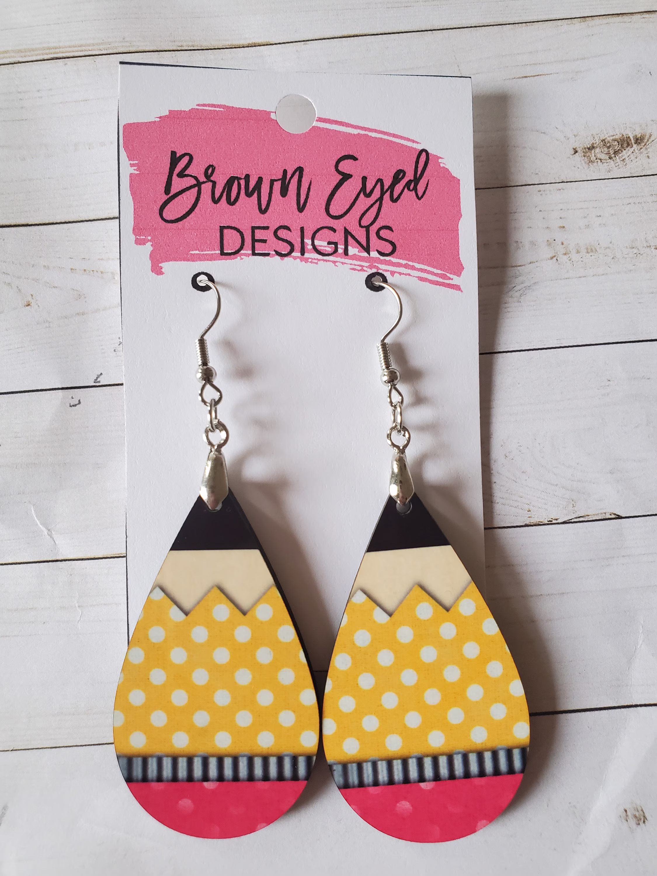 Pencil Earrings, Yellow Poka Dot Faux 3D Layer Teardrop Teacher Gift, Dangle Earrings