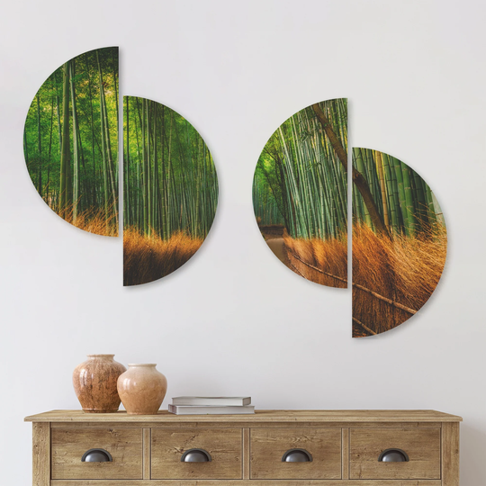 Designart 'Arashiyama Bamboo Grove Japan' Forest Wood Wall Art Set of 4 Half Circles - Multi-Color