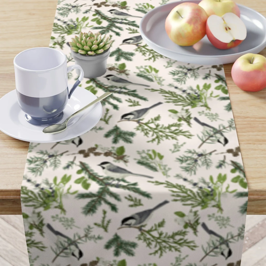 Holiday Table Runner in Birds & Woodland Pine Winter Decor For Entertaining, Housewarming Tabletop 16"x 90" In