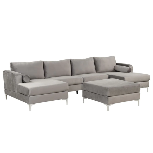 Modern Velvet Fabric Couch Reversible Chaise Sofa U Shaped Couch Sofa with Ottoman for Living Room, Apartment