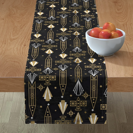 Art Deco Rockets Table Runner - Starships By Dj-V Satellite Space Faux Golden Look Cotton Sateen Spoonflower