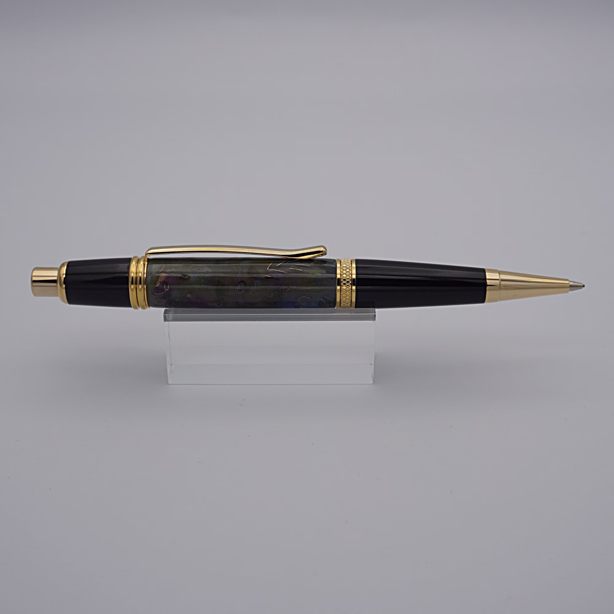 7mm Mechanical Pencil, Handmade in Gold & Black Enamel With Fossilized Fantasy Acrylic