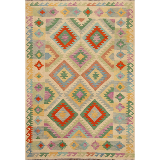 Geometric Multi-Color Kilim Persian Area Rug Hand-Woven Wool Carpet - 5'0"x 6'8"