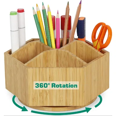Bamboo Rotating Art Supply Organizer - Office Desk Organizers, Colored Pencil Holder With 7 Sections, Home School Supplies Organizer And Storage For