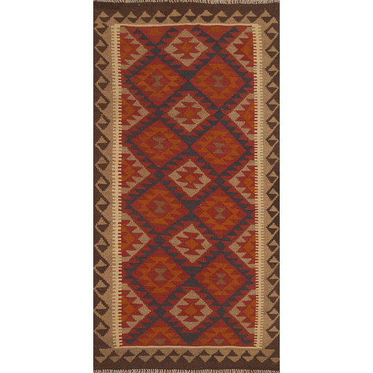 Geometric Kilim Runner Rug Multi-Color Oriental Flat-weave Wool Carpet - 3'5" x 6'9"